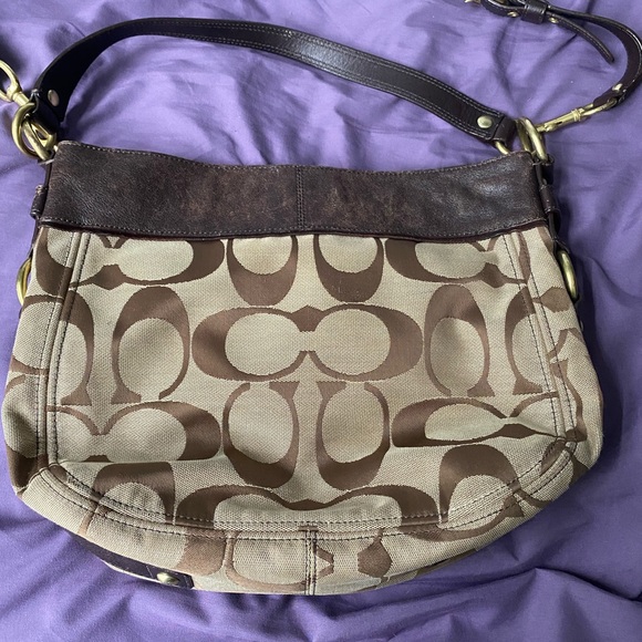 COACH Zoe Signature Hobo Bag Jacquard Khaki & brown Leather Purse - Picture 2 of 4